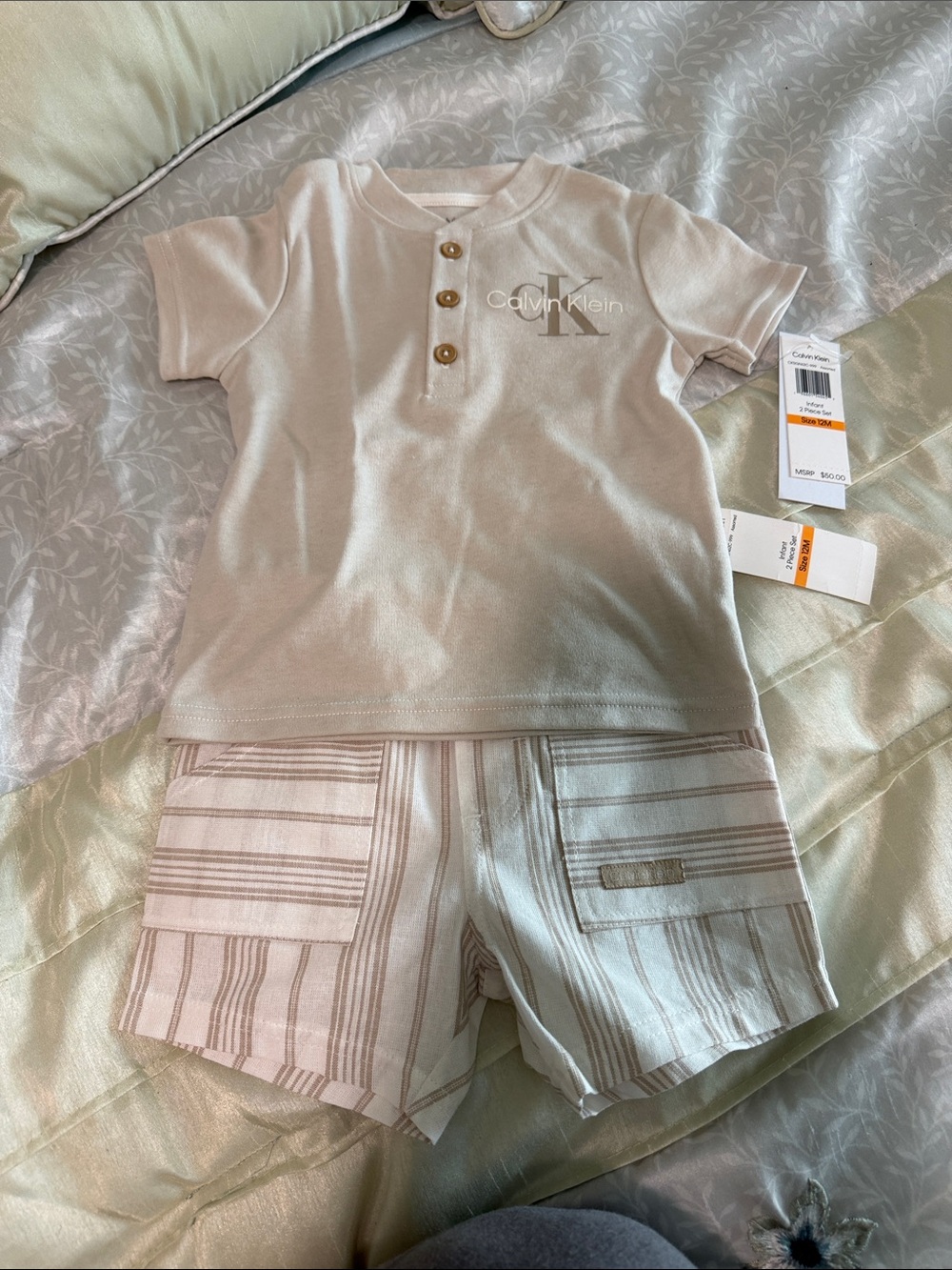 Calvin Klein Cream Short Sleeve Henley Tee with Striped Shorts Set